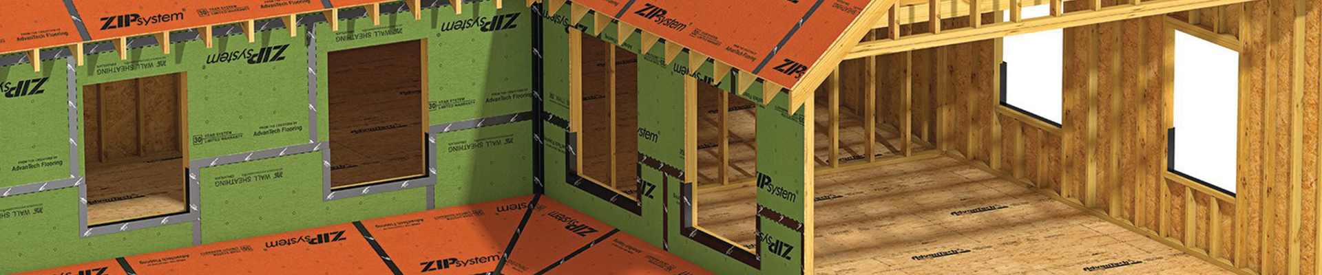 Framed structure of a building under construction, featuring ZIP System sheathing and tape on the walls and roof. The sheathing is green, with black sealing tape along the seams, and the roof is covered with ZIP System's orange panels. The interior of the structure reveals exposed wooden framing and several window openings.
